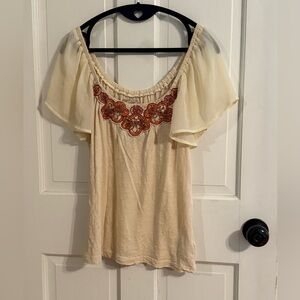 Deletta (Anthropologie) Cream Blouse with Red Embroidery